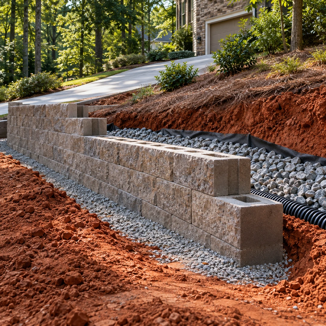 Retaining wall under construction with gravel and drain pipe