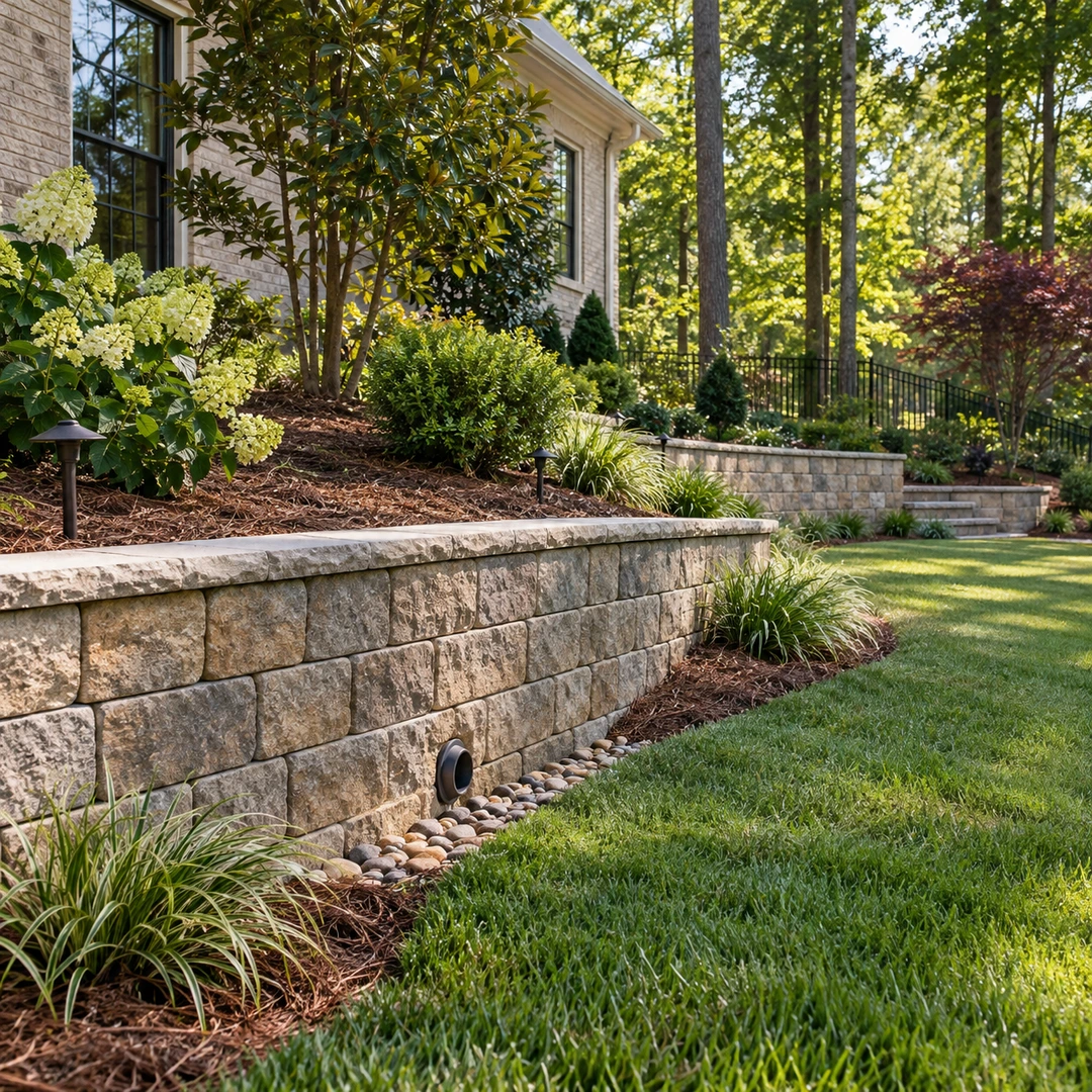 Finished retaining wall with an exposed drainage outlet