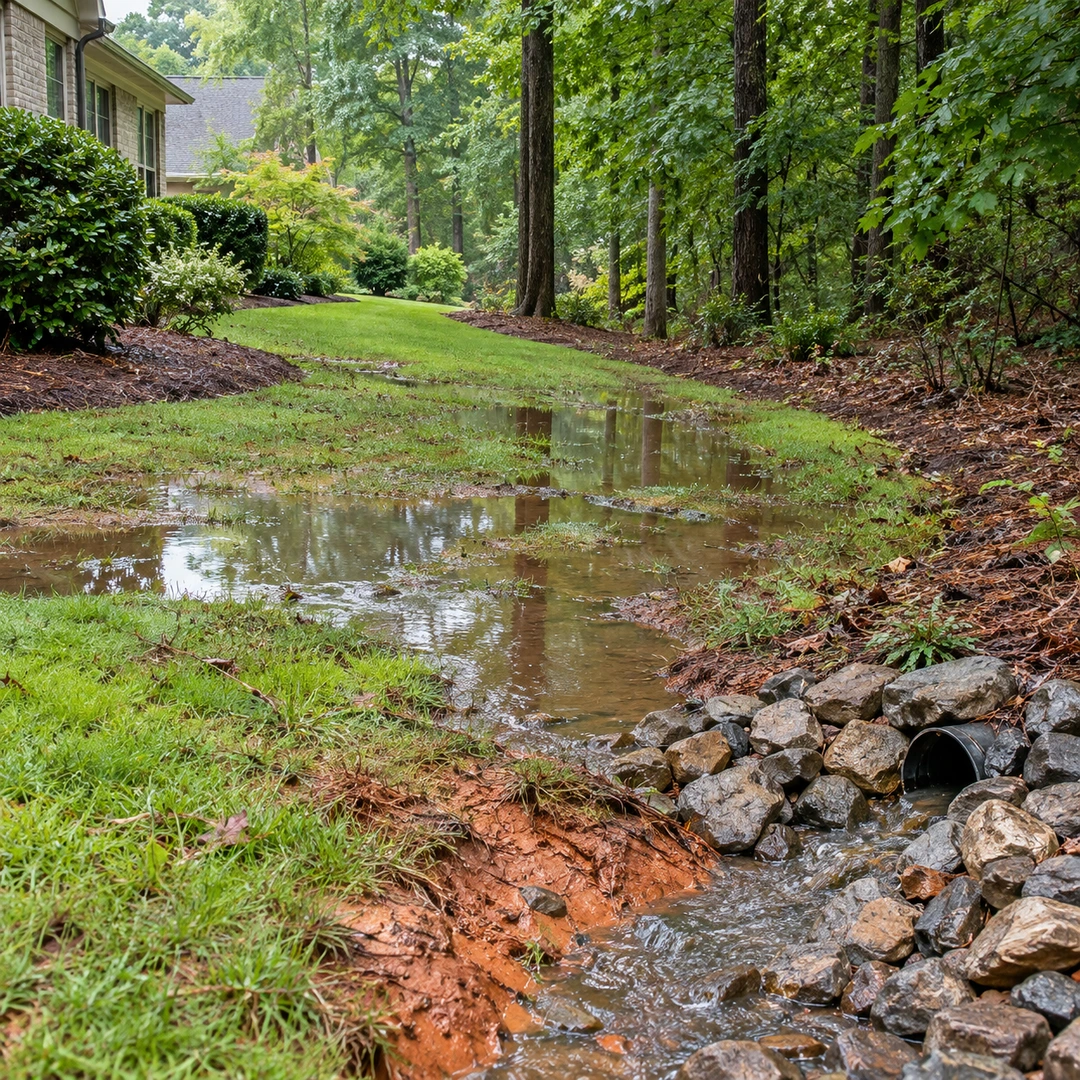 Standing water in a wooded residential lawn near a pipe outlet
