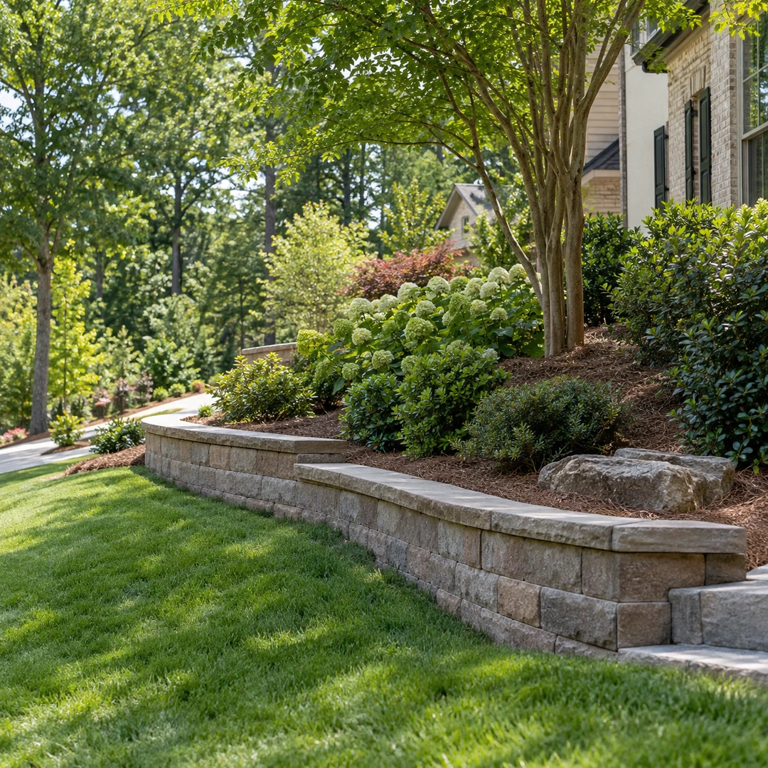 Curved landscape retaining wall beside lawn and steps