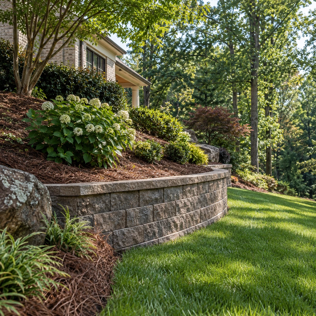 Low block retaining wall supporting a planted bed