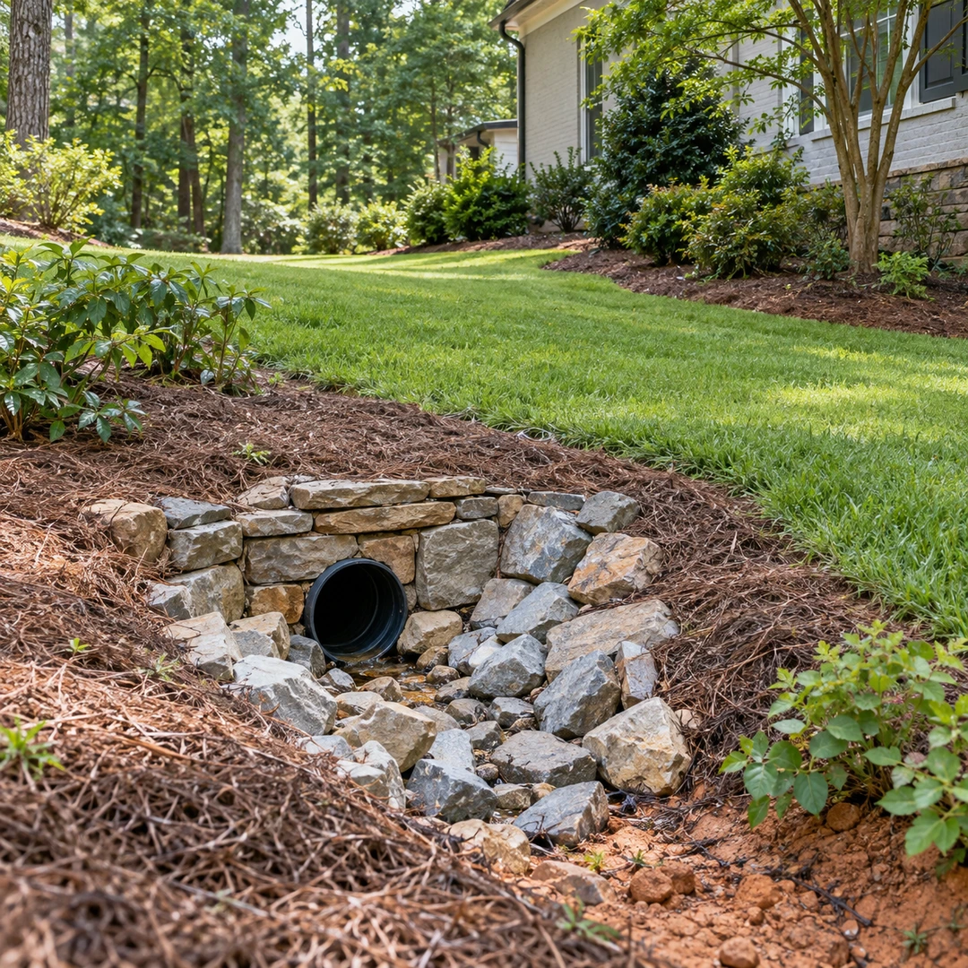 Drain outlet protected by stones at a landscape edge