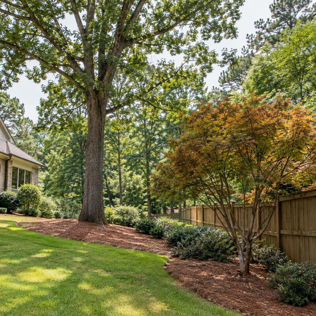 Large shade tree and smaller ornamental tree in a yard