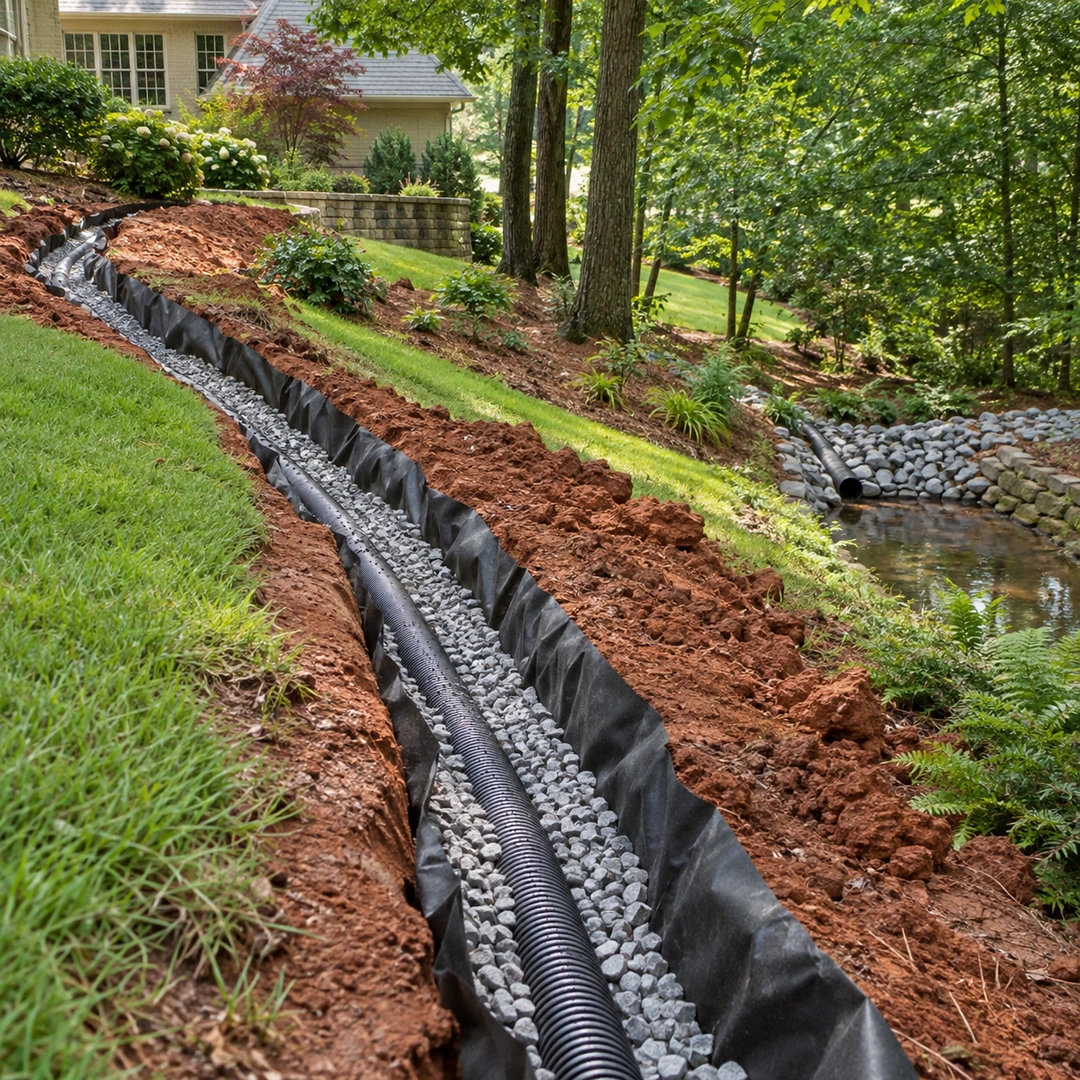 Fabric lined French drain trench with gravel and pipe