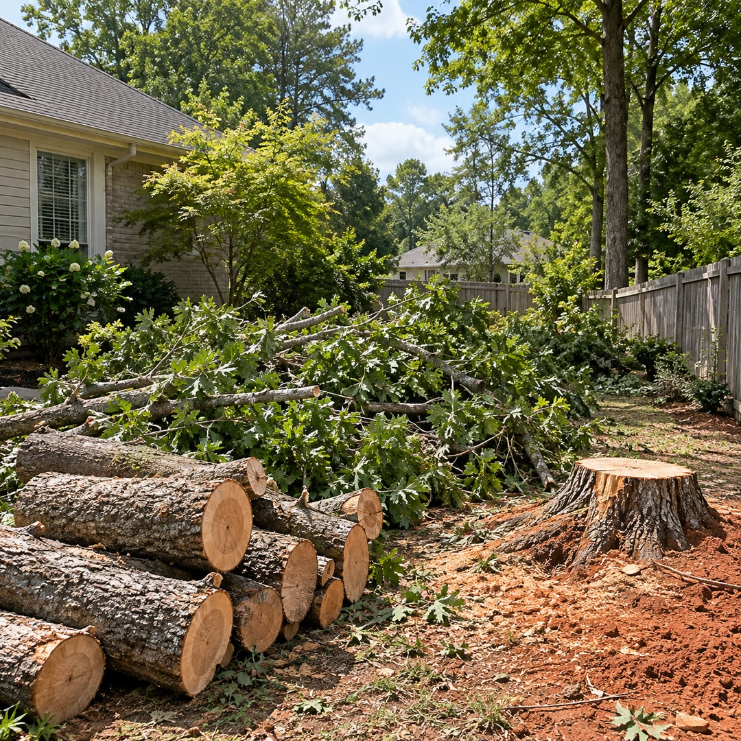 Cut logs and branches beside a remaining stump