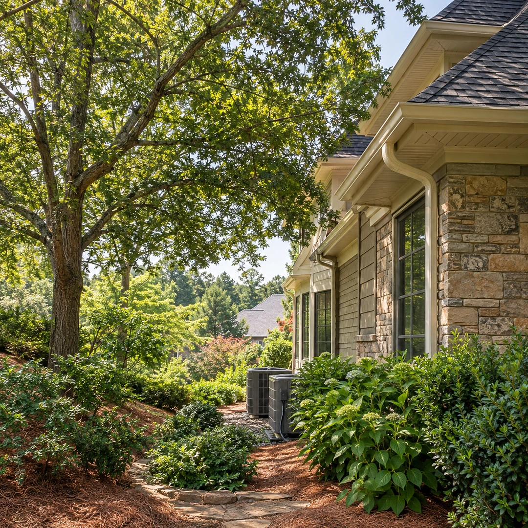 Mature tree close to a house and planted side yard