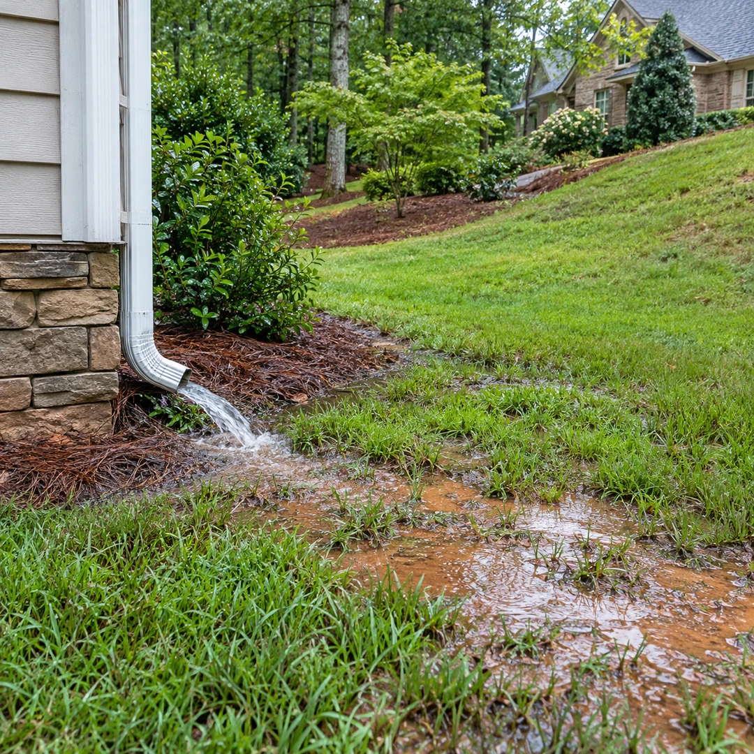 Downspout water pooling beside a house and lawn
