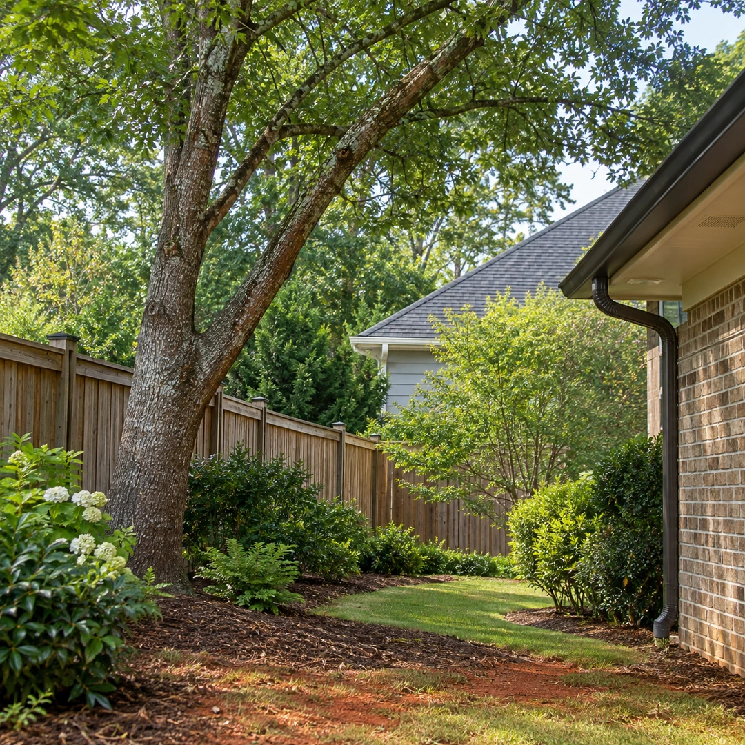 Angled tree trunk beside a house and fence