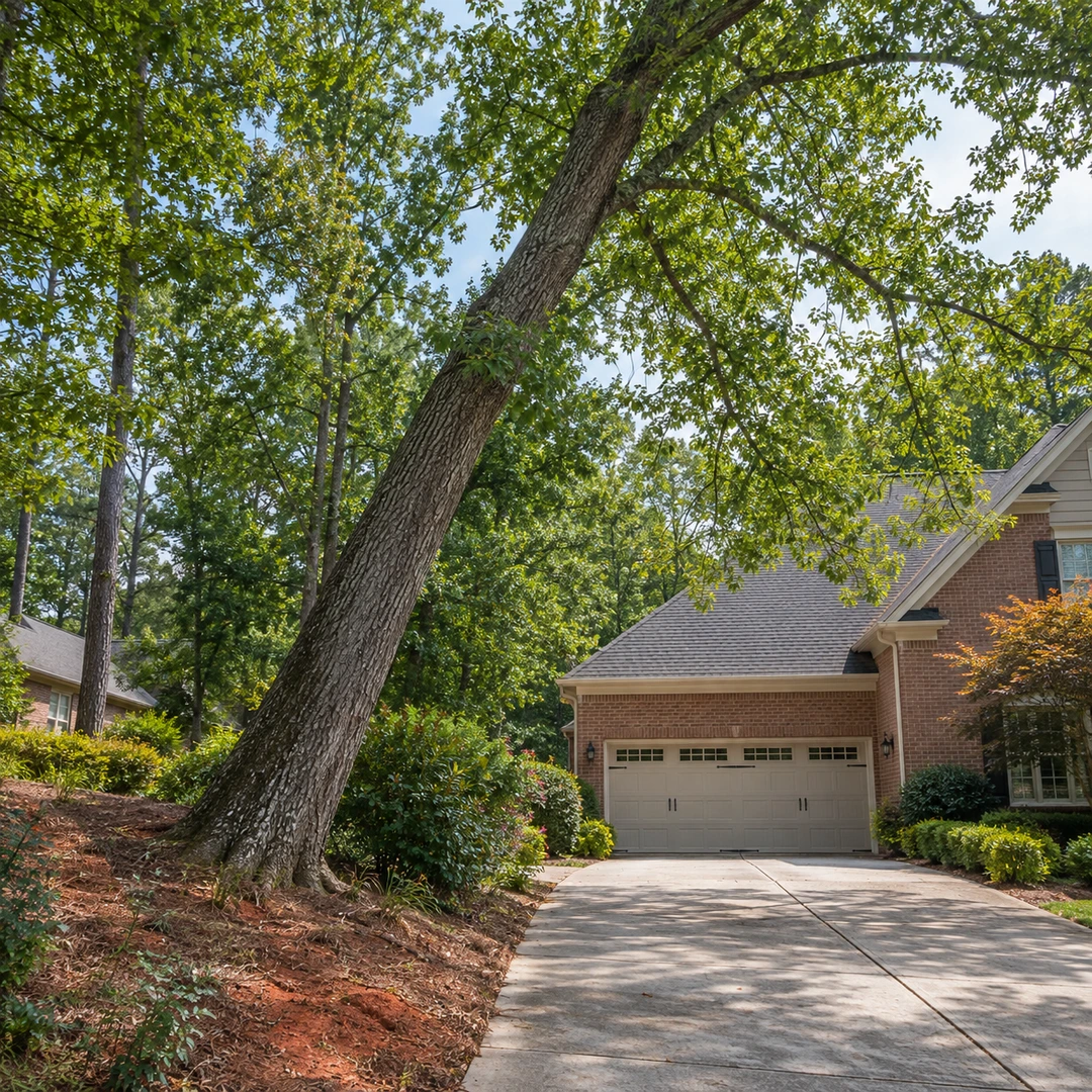 Leaning tree beside a driveway and garage