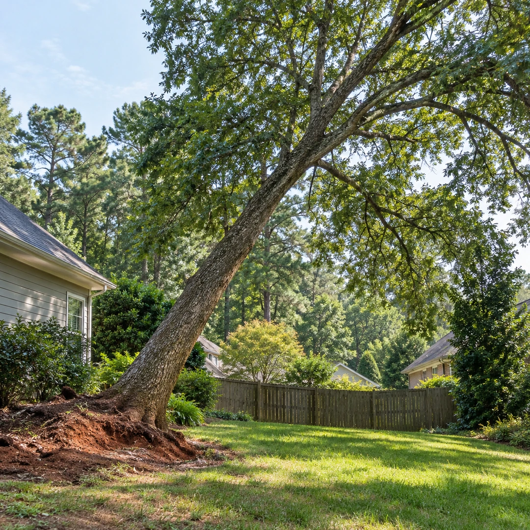 Leaning tree with exposed roots in a lawn