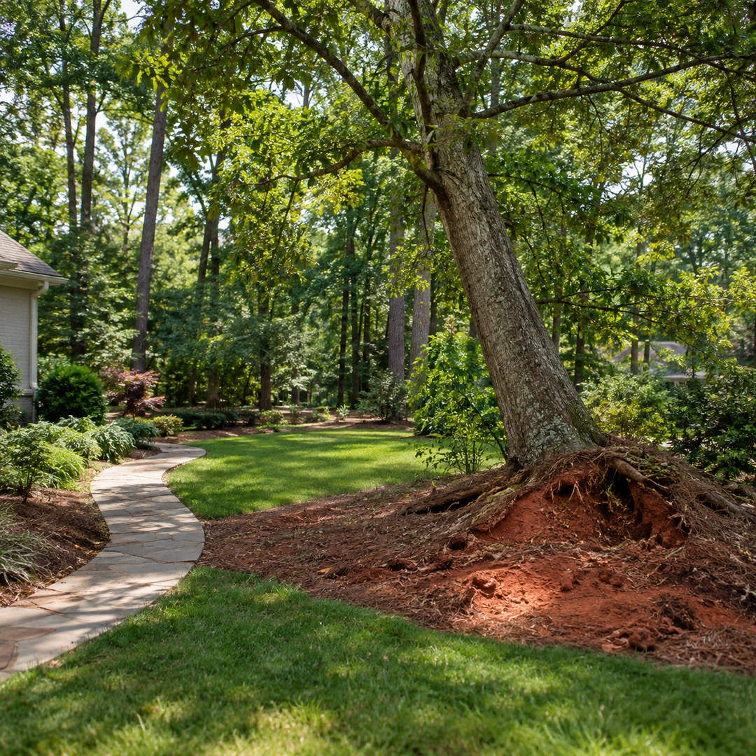 Exposed roots beside a tree and walkway