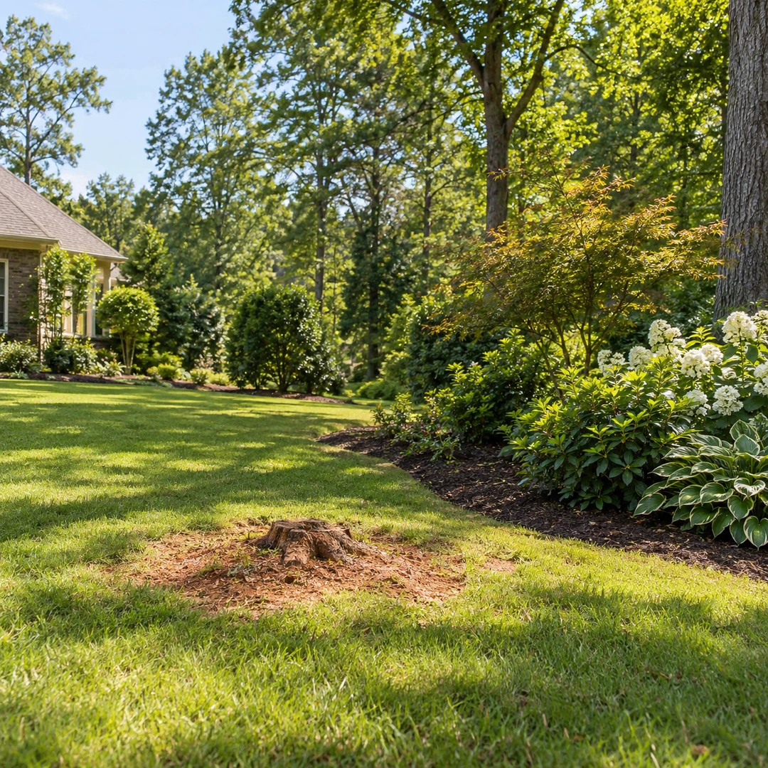 Low stump in a cleared residential lawn