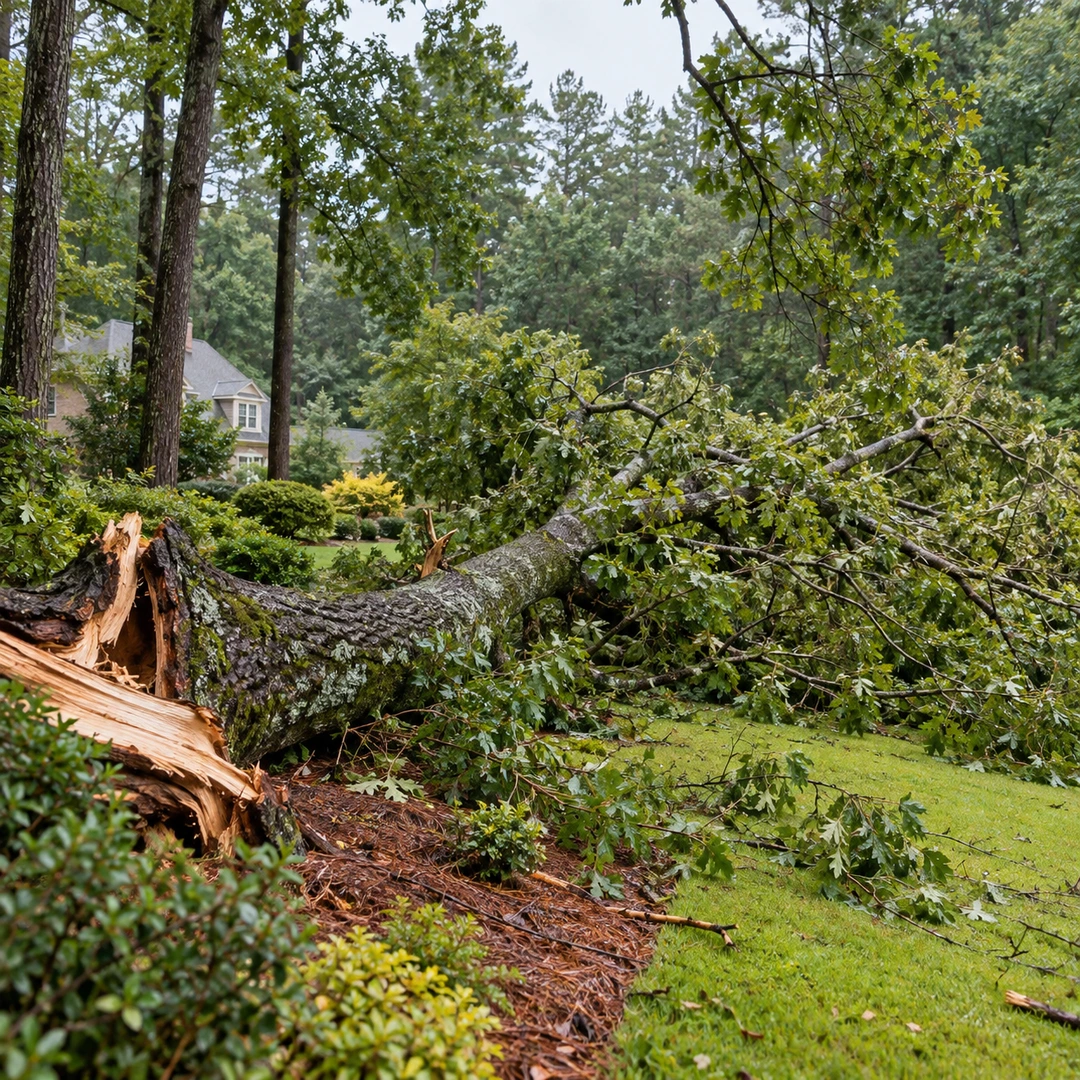 Storm broken tree and fallen leafy branches