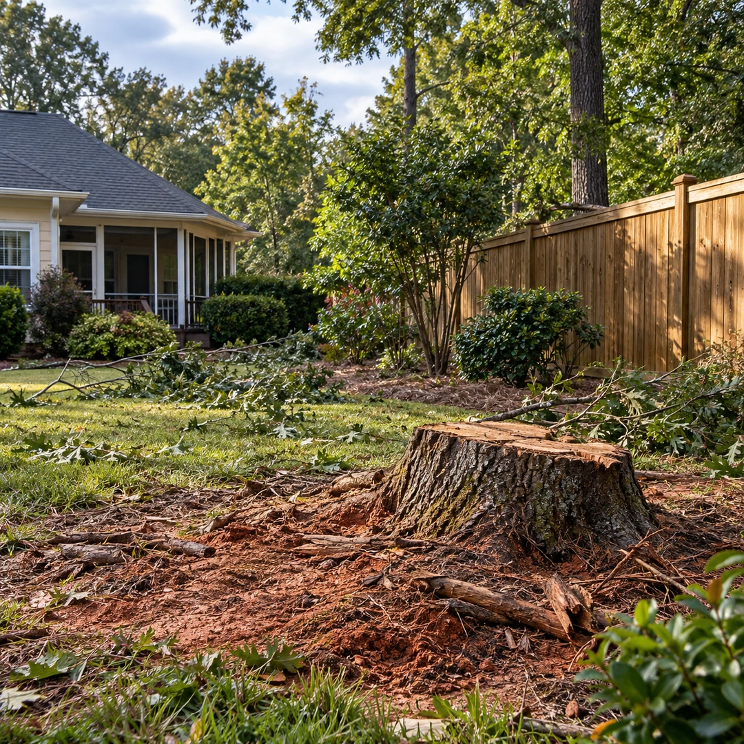 Remaining stump and scattered branches in a yard