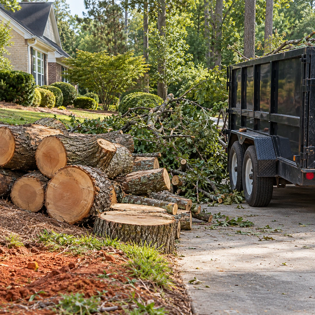 Cut logs beside a haul truck in a driveway