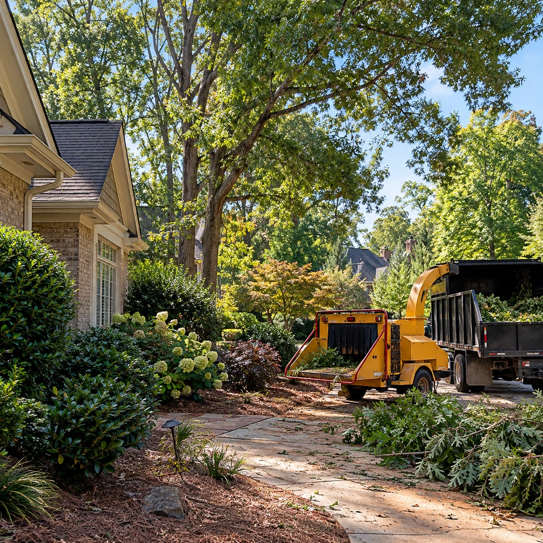 Wood chipper and truck beside residential tree debris