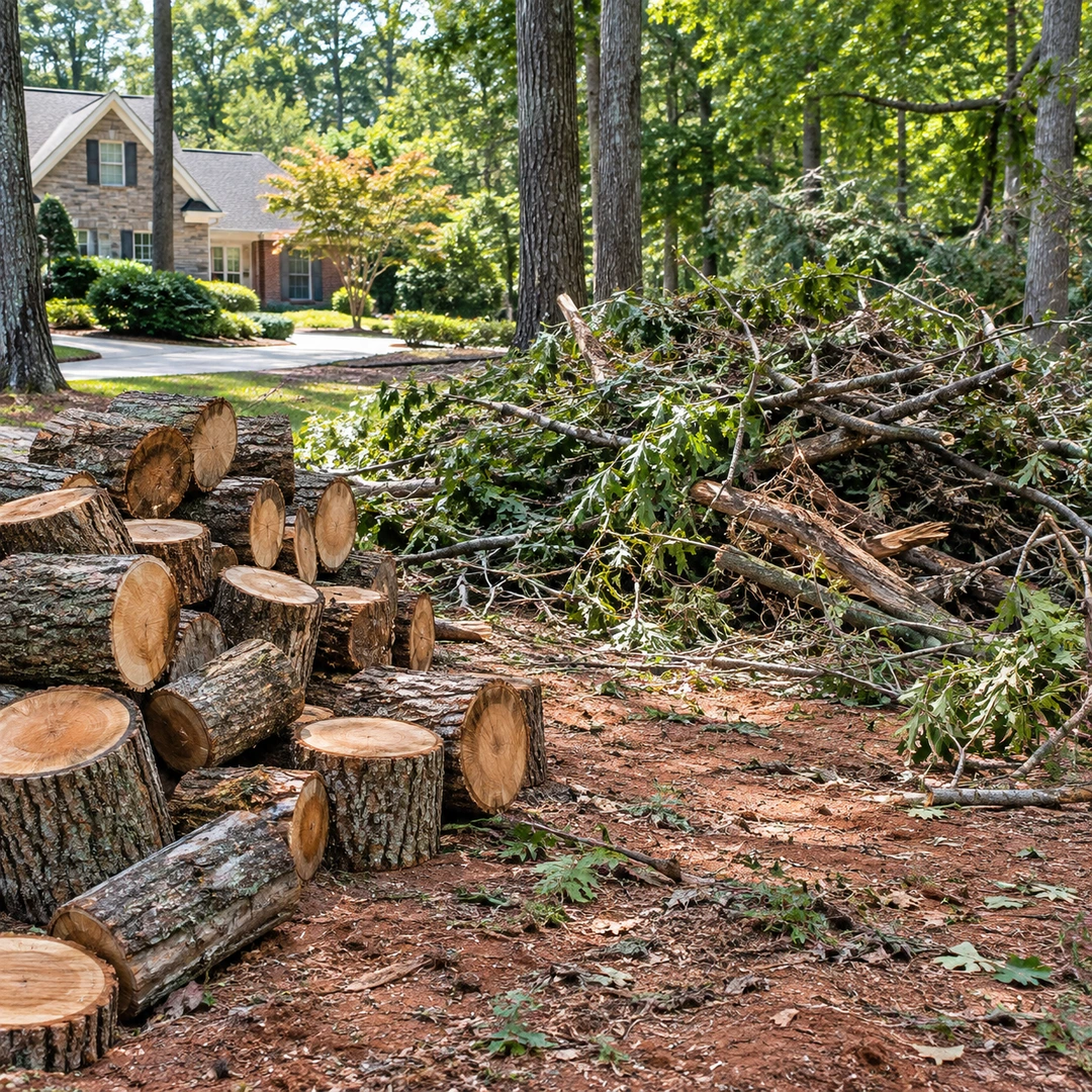 Cut logs and piled branches after tree cutting