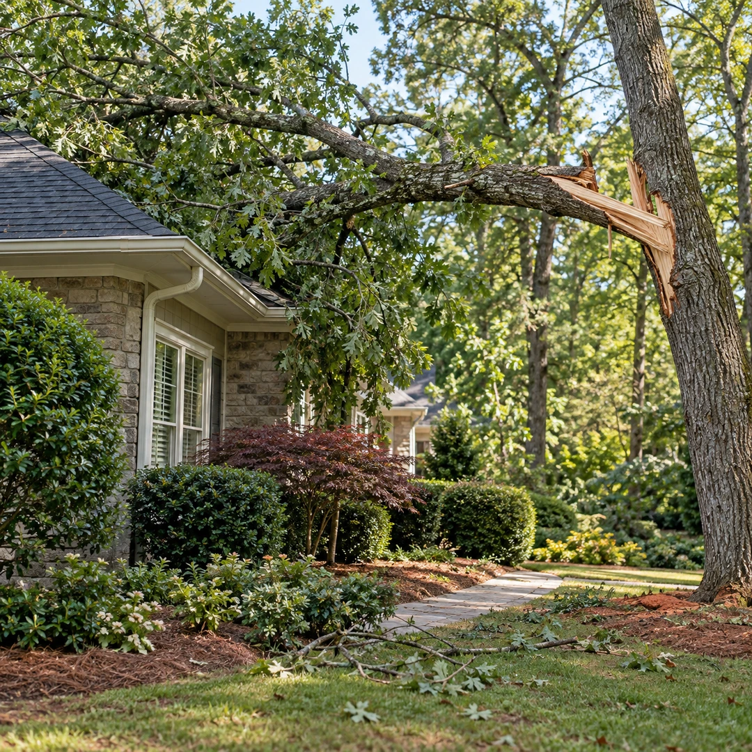 Broken branch above a residential yard and roof