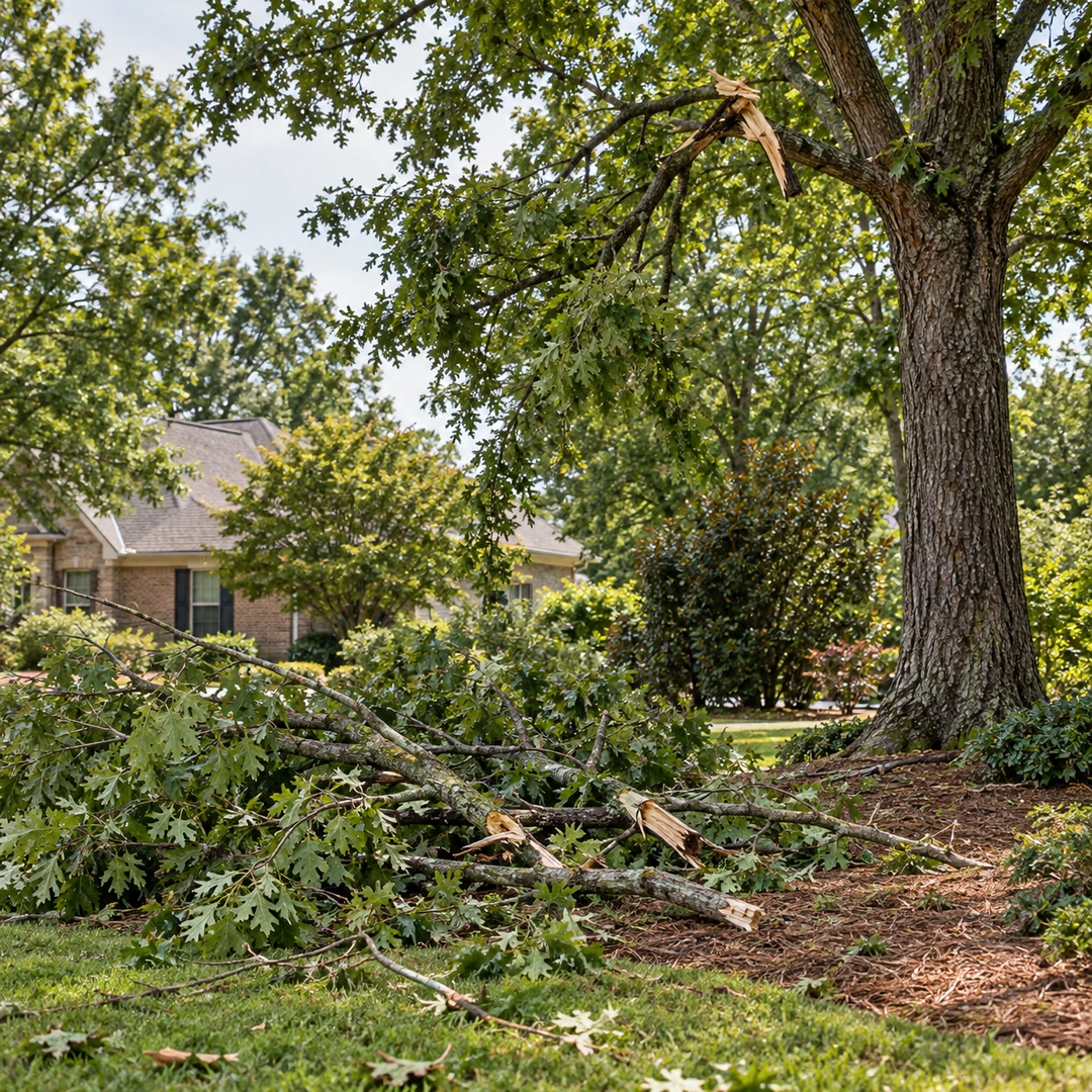 Fallen leafy branches beneath a damaged tree
