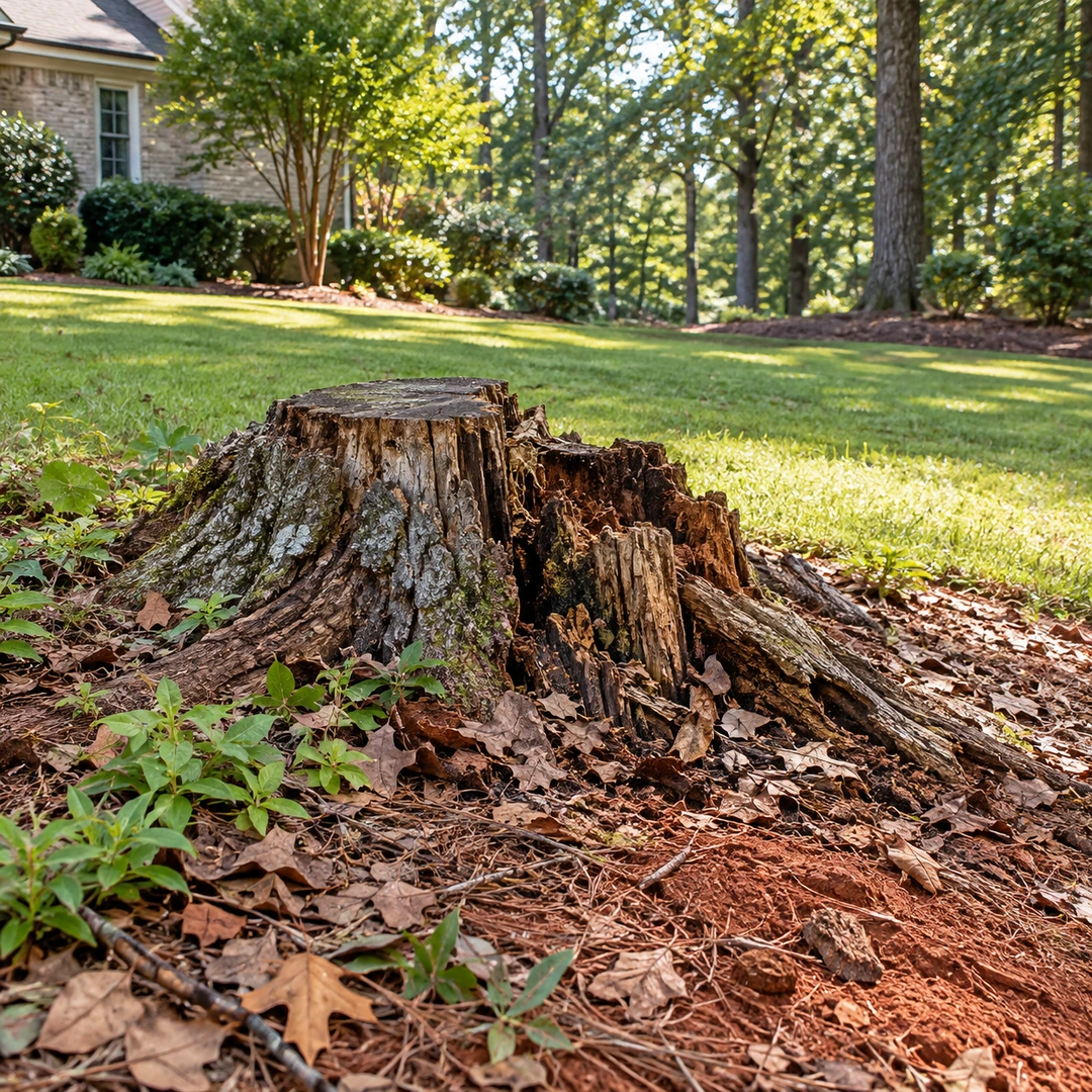 Weathered stump with loose bark and fallen leaves