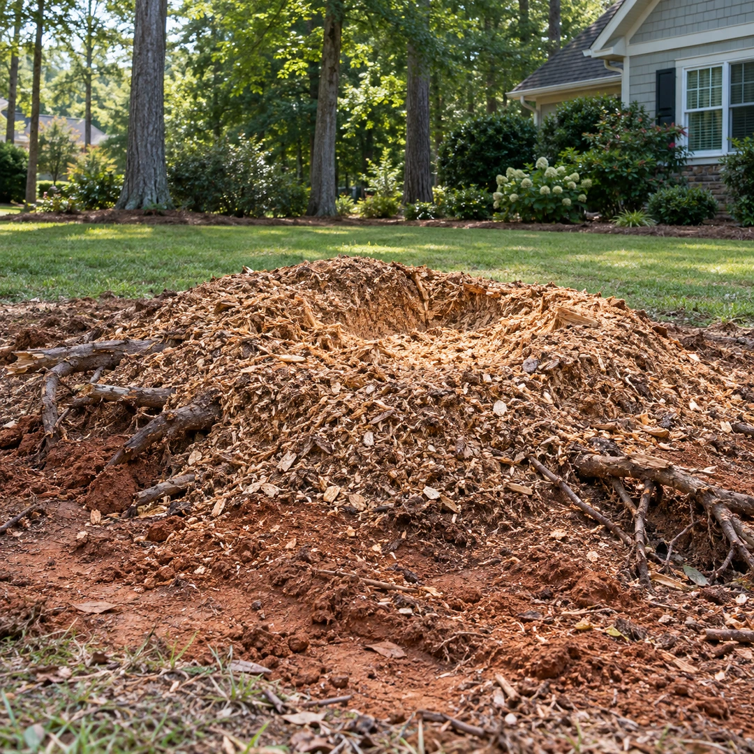 Wood chips and stump debris on cleared ground