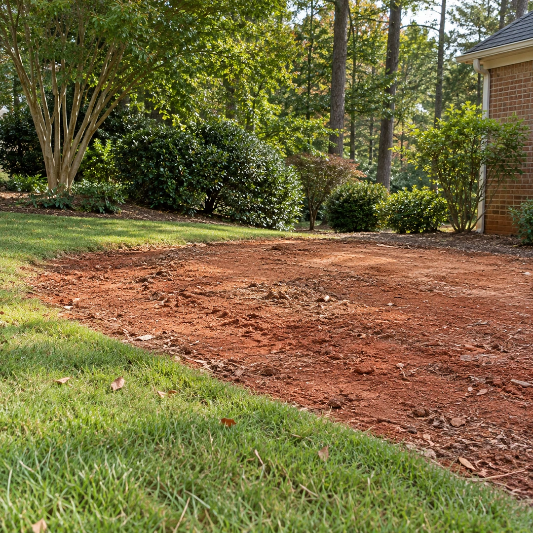 Cleared soil after stump work beside a lawn