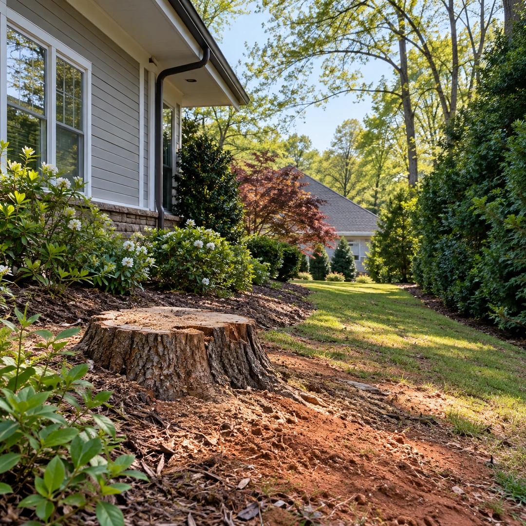 Stump beside a house and planted bed