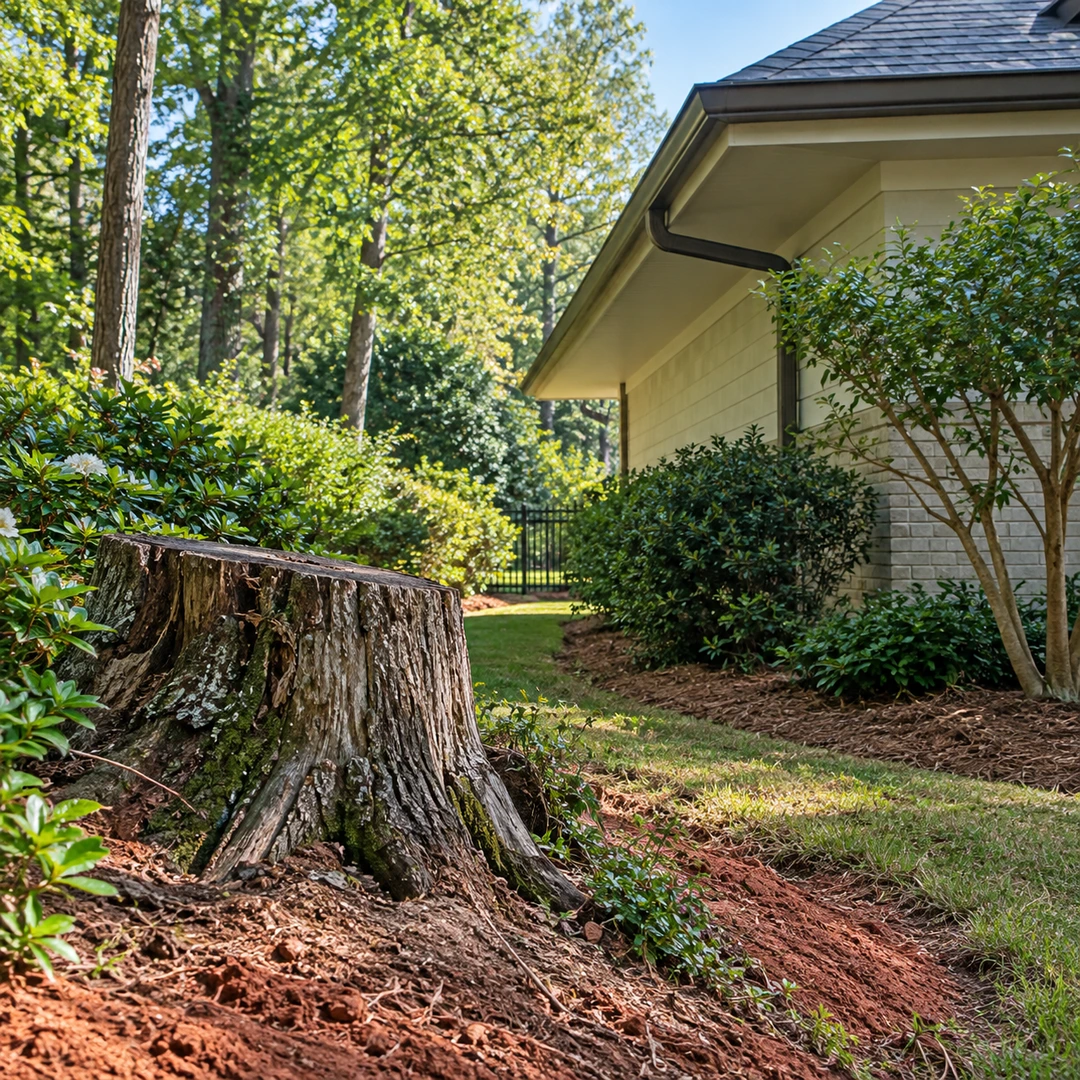 Weathered stump beside a house and side lawn