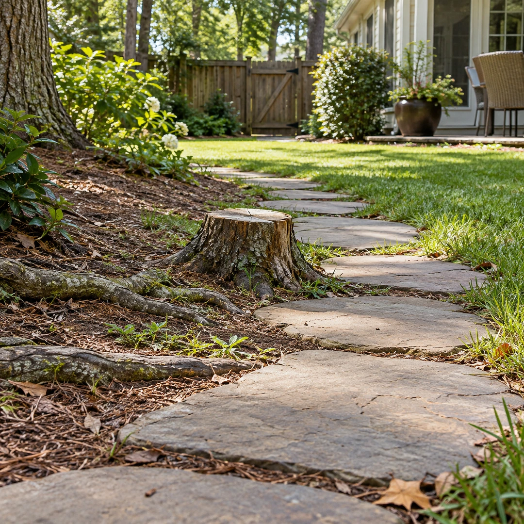 Stump and surface roots beside stepping stones