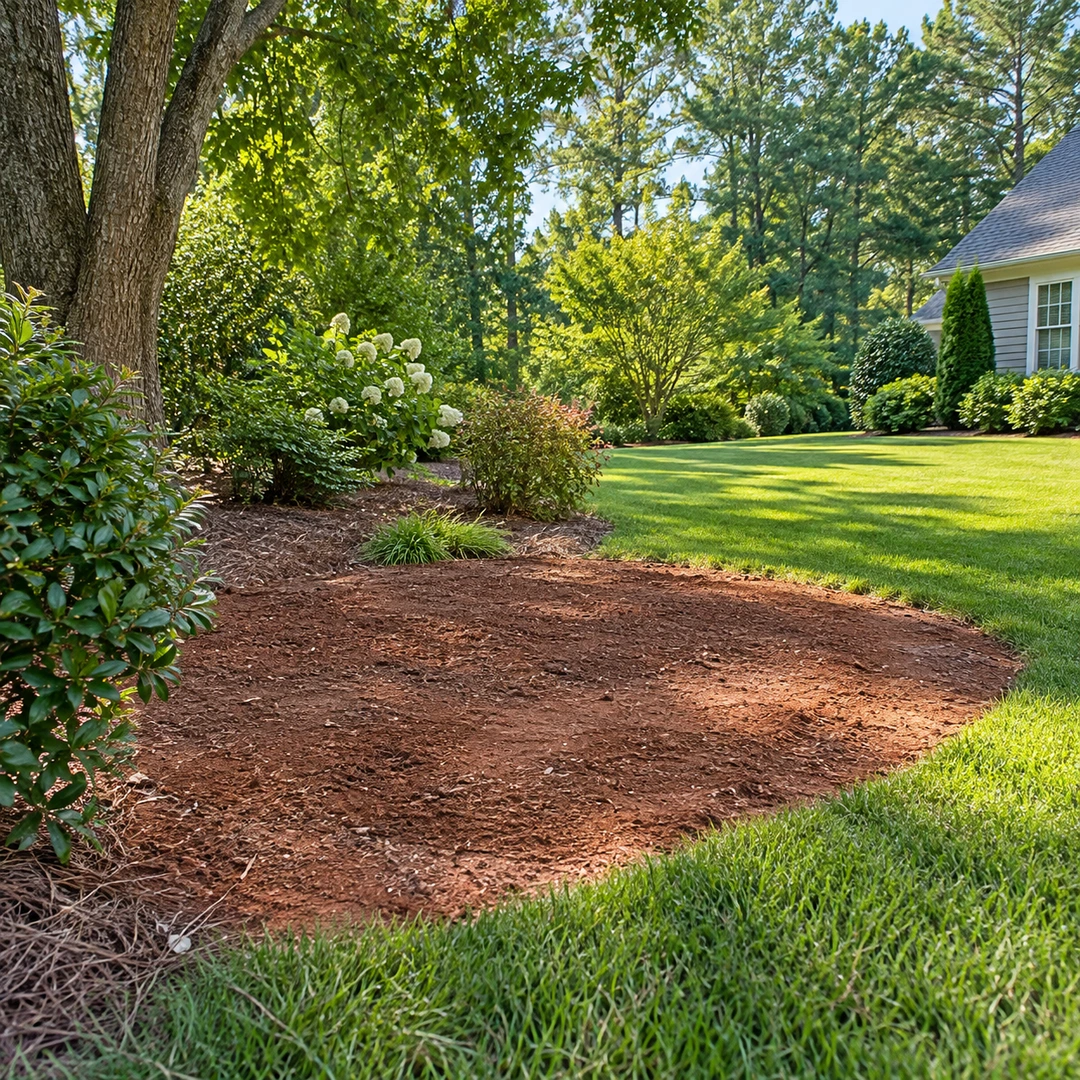 Cleared soil patch beside a restored lawn