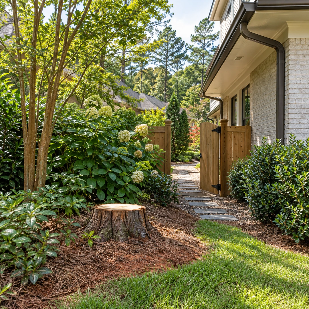 Stump beside a narrow residential walkway
