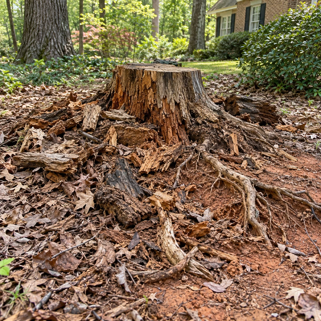 Decaying stump surrounded by roots and loose bark