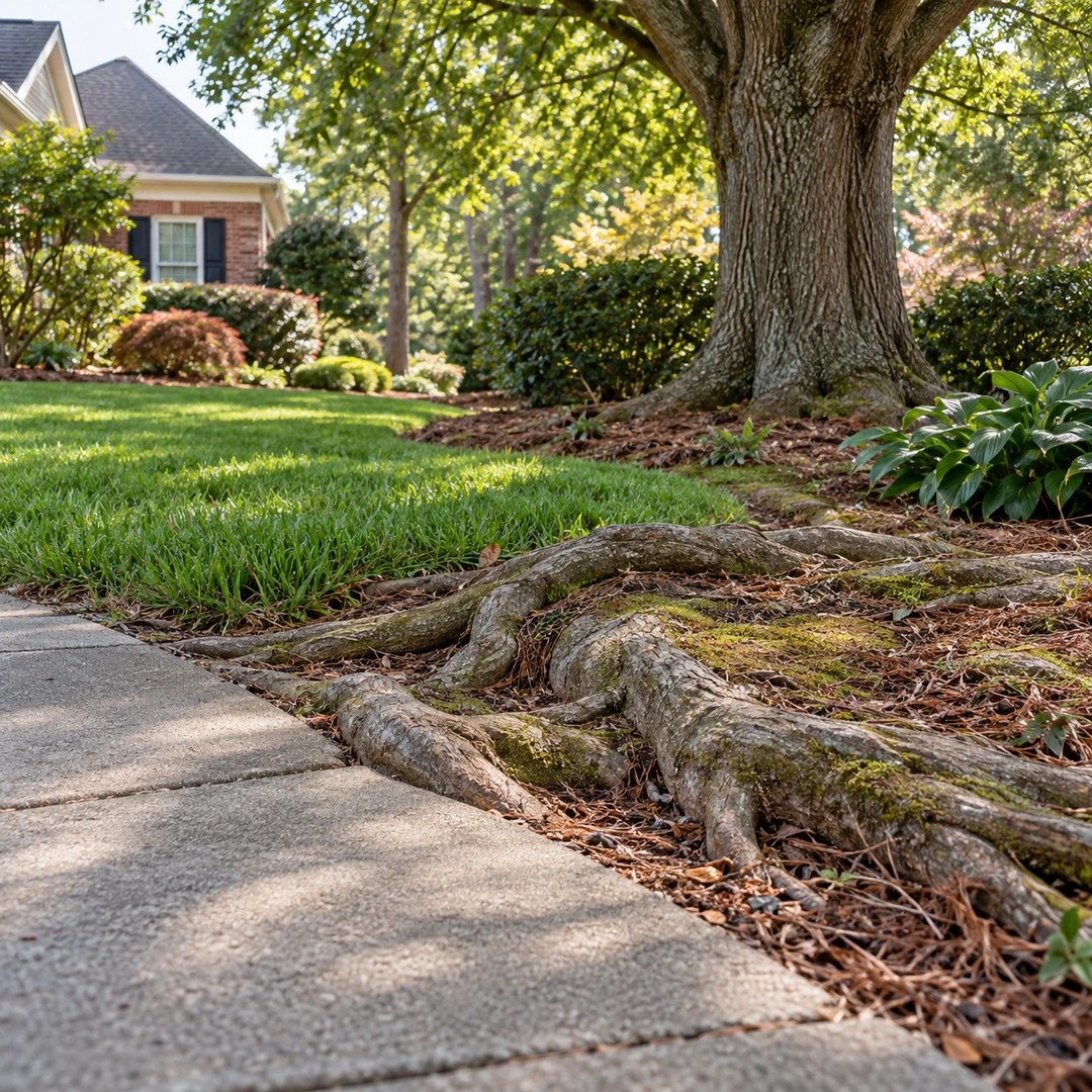 Tree roots extending beside a concrete walkway