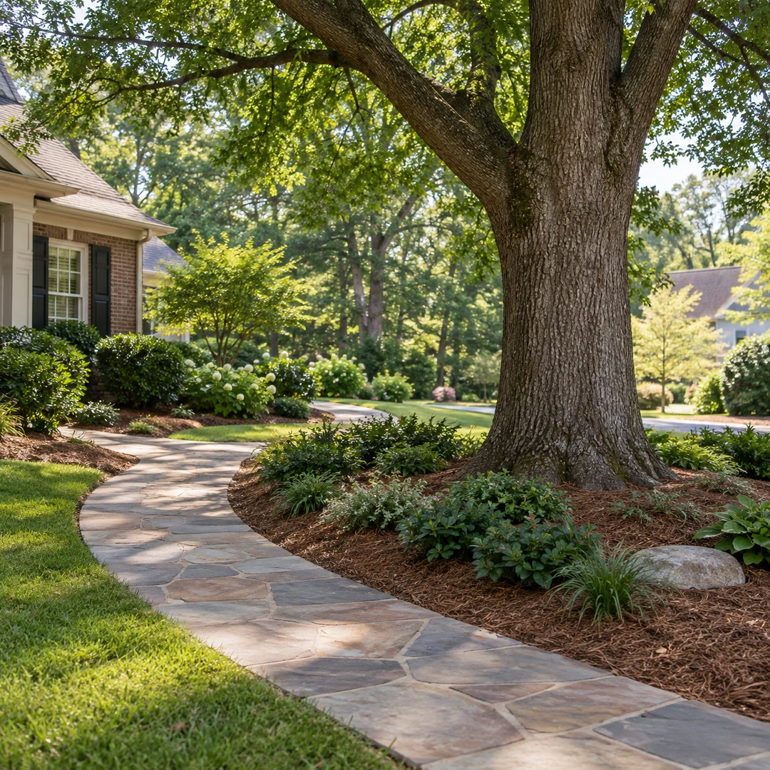 Mature tree beside a clear stone path