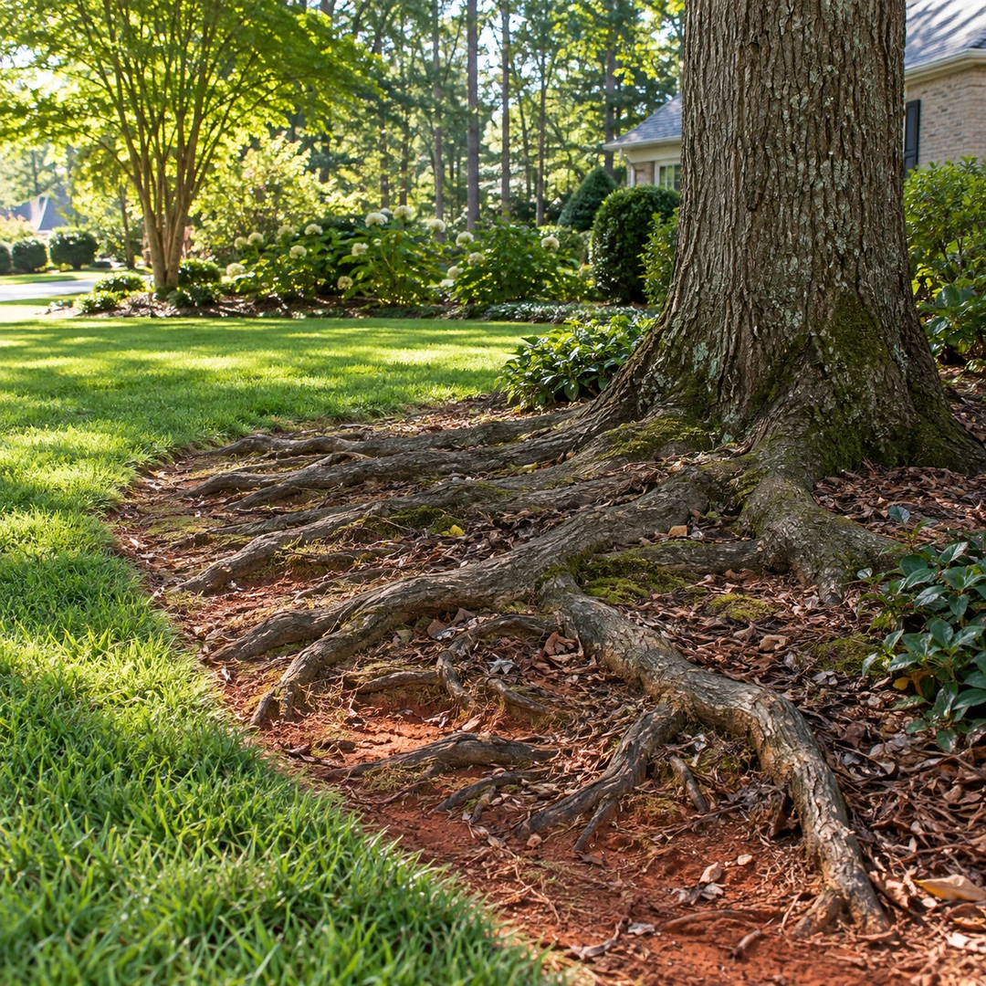 Exposed surface roots beneath a large shade tree