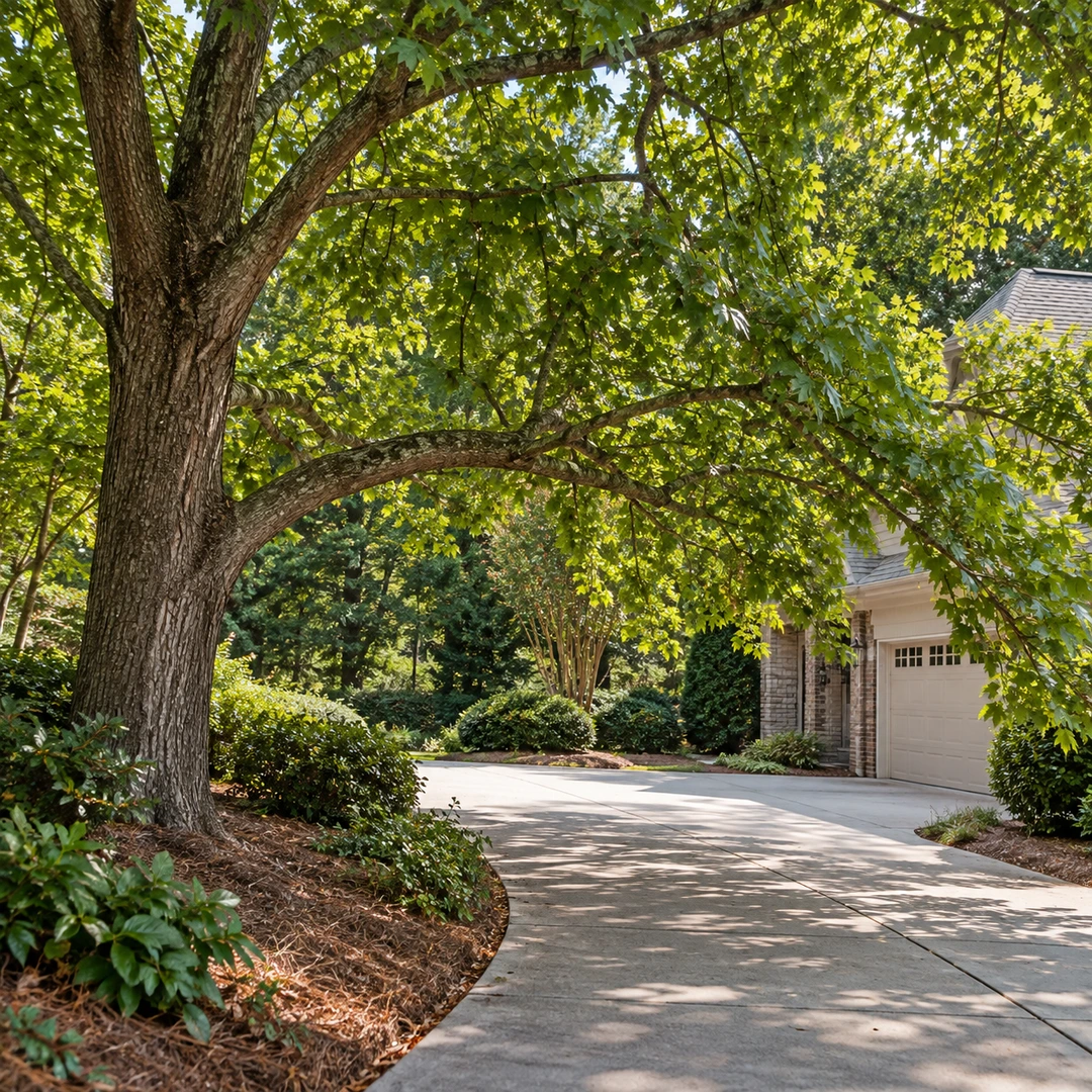 Leafy branches extending above a residential driveway
