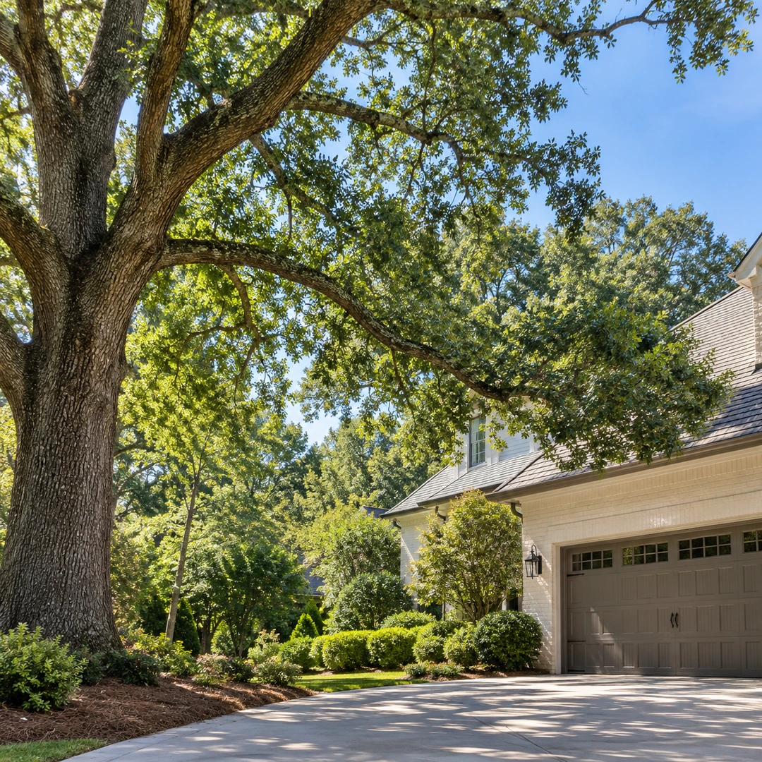 Mature tree branches above a residential driveway