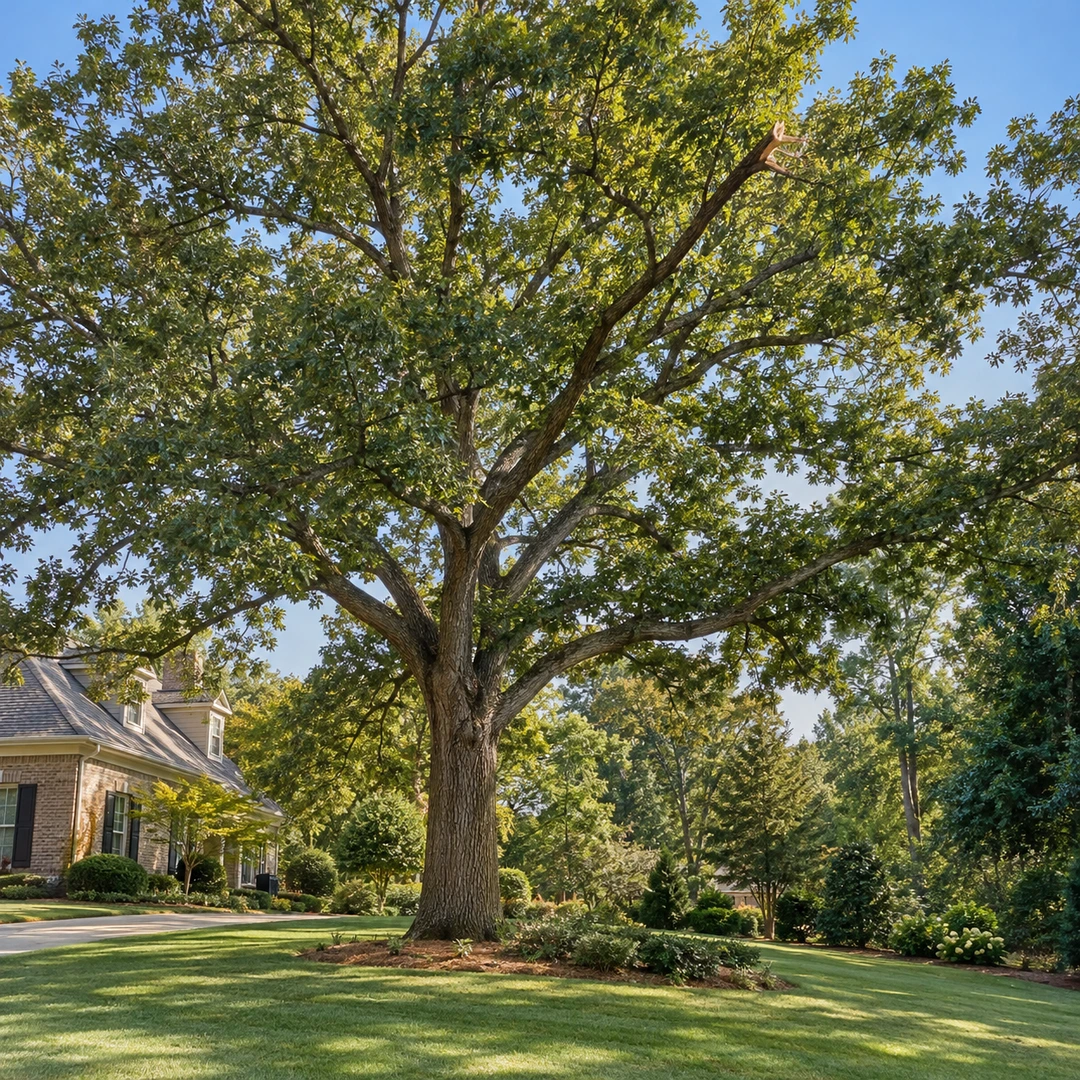 Broad leafy tree canopy over a lawn