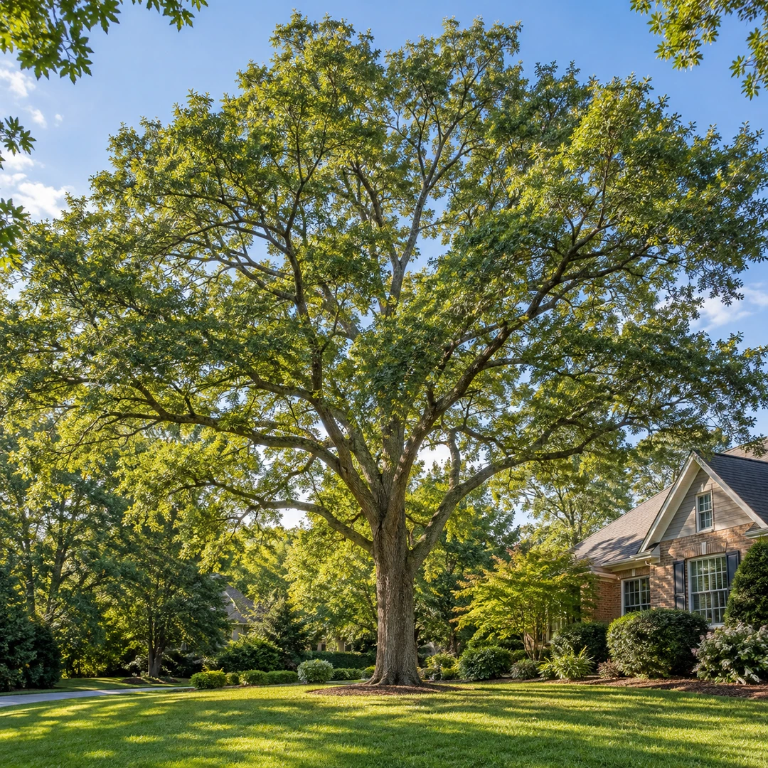 Full tree canopy above a sunny lawn