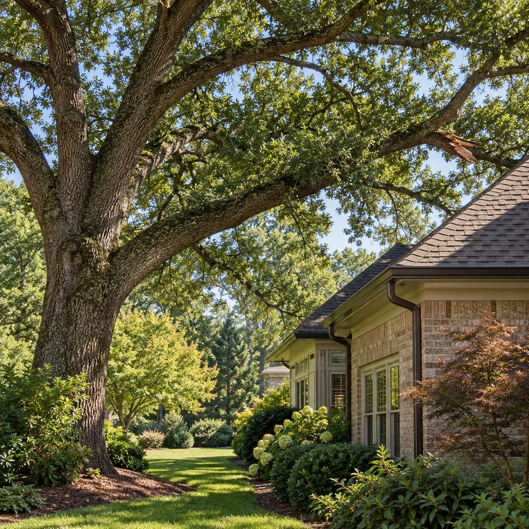 Mature tree canopy beside a roof and lawn