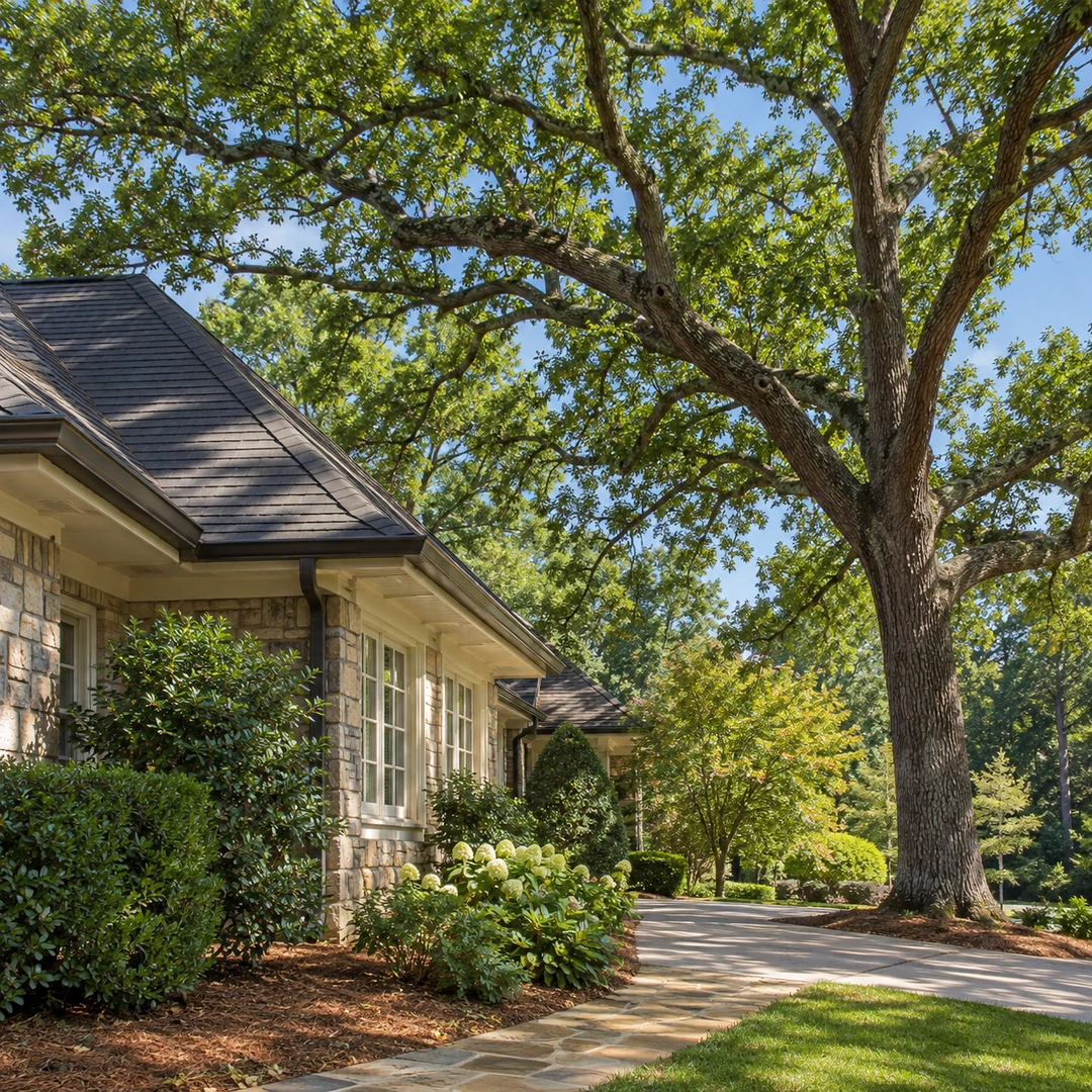Intact tree canopy beside a house and lawn