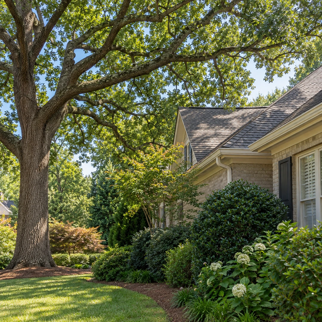 Mature tree beside a house and planted yard