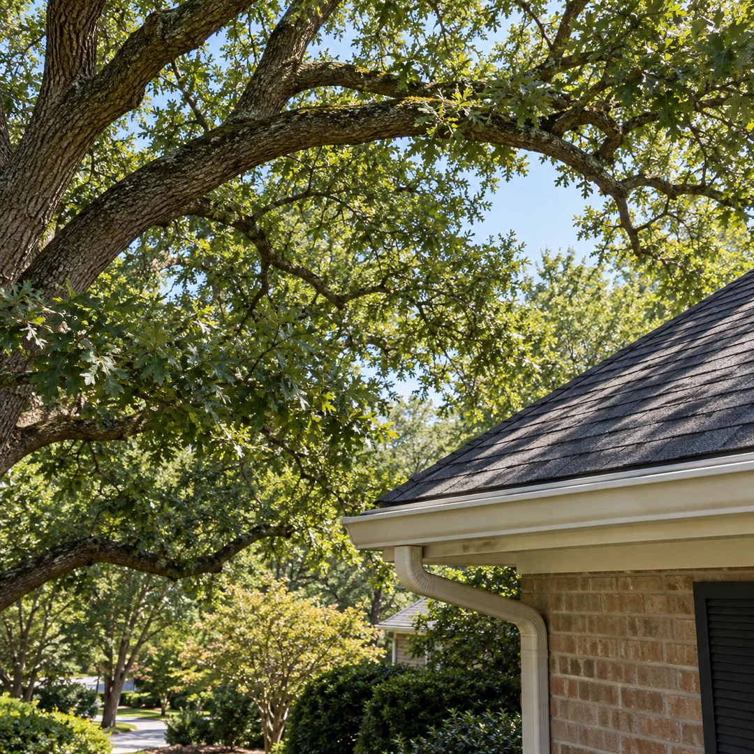 Leafy branches above a roof with visible clearance