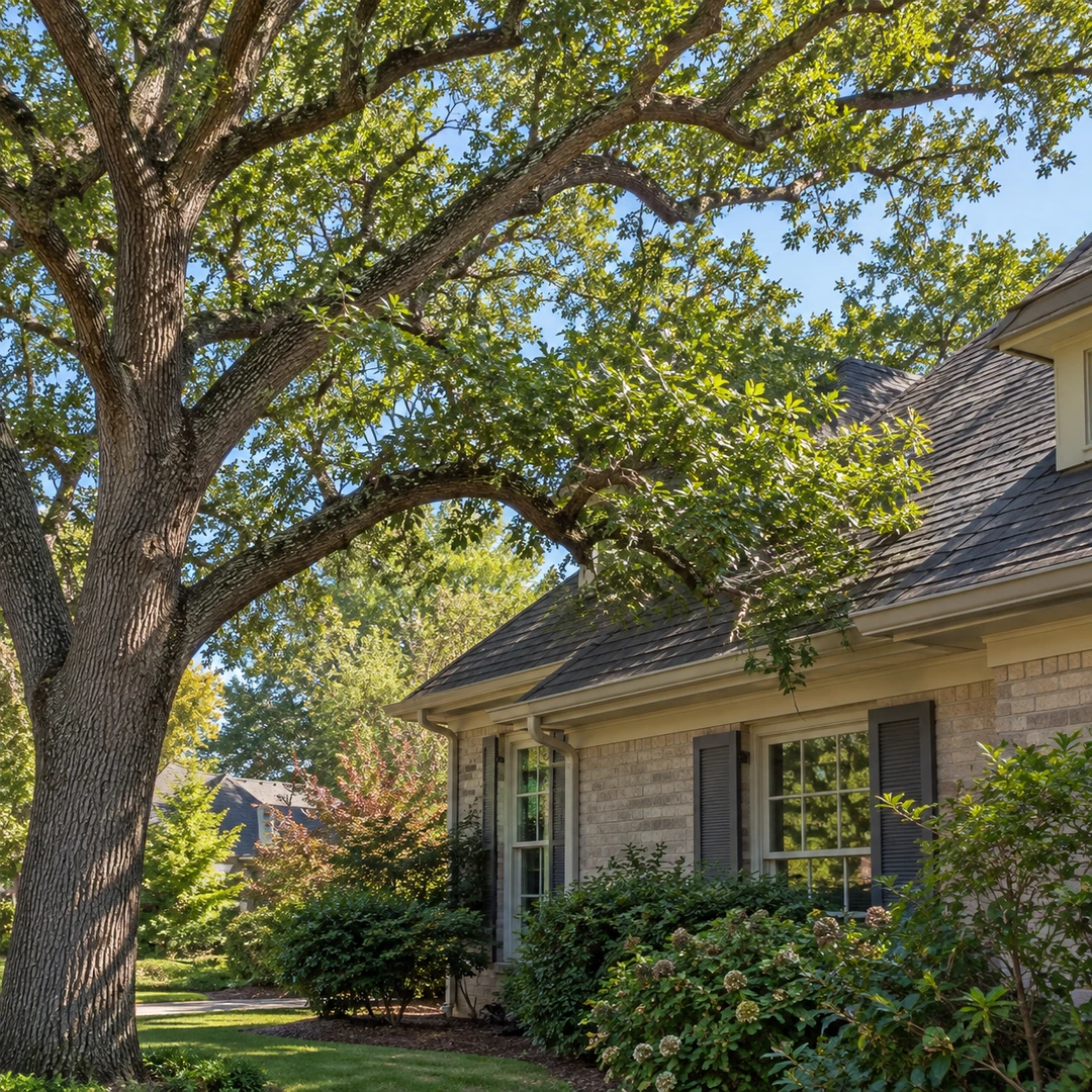 Intact branches beside a residential roofline