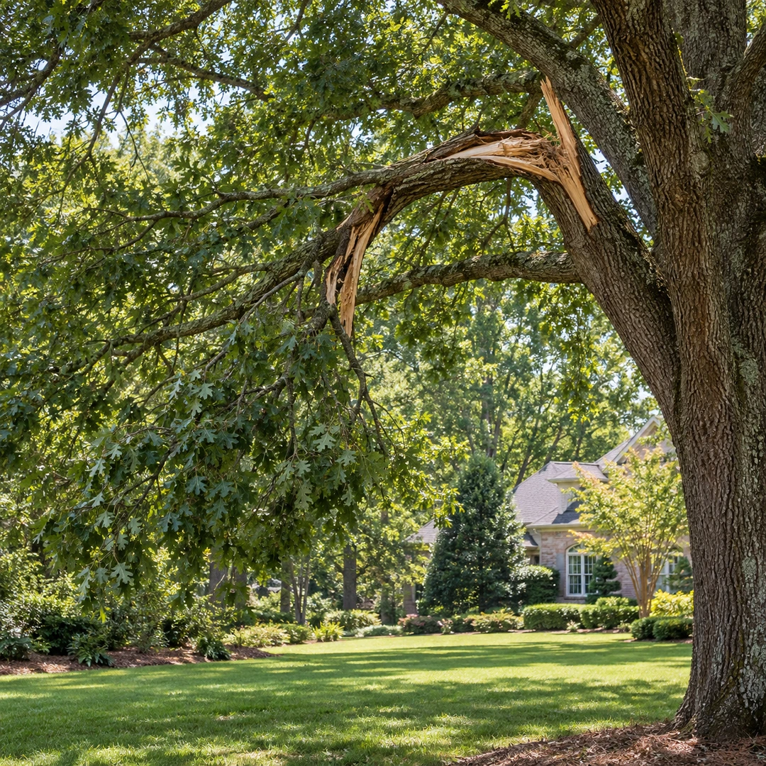 Split hanging branch in a mature tree