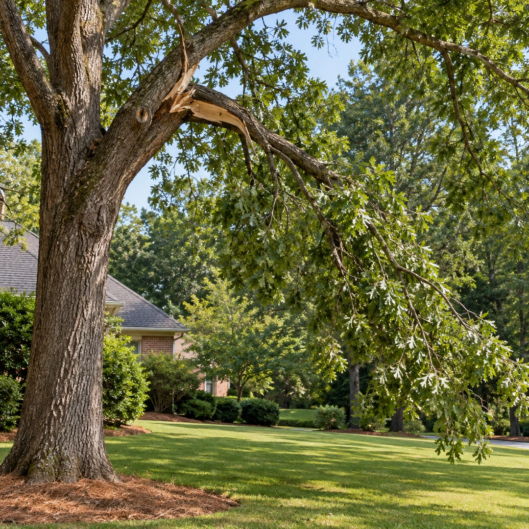 Partly broken branch hanging above a lawn