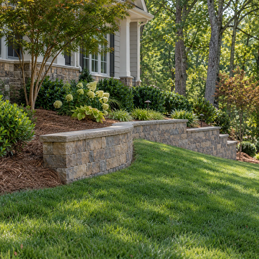 Curved low retaining wall bordering a lawn