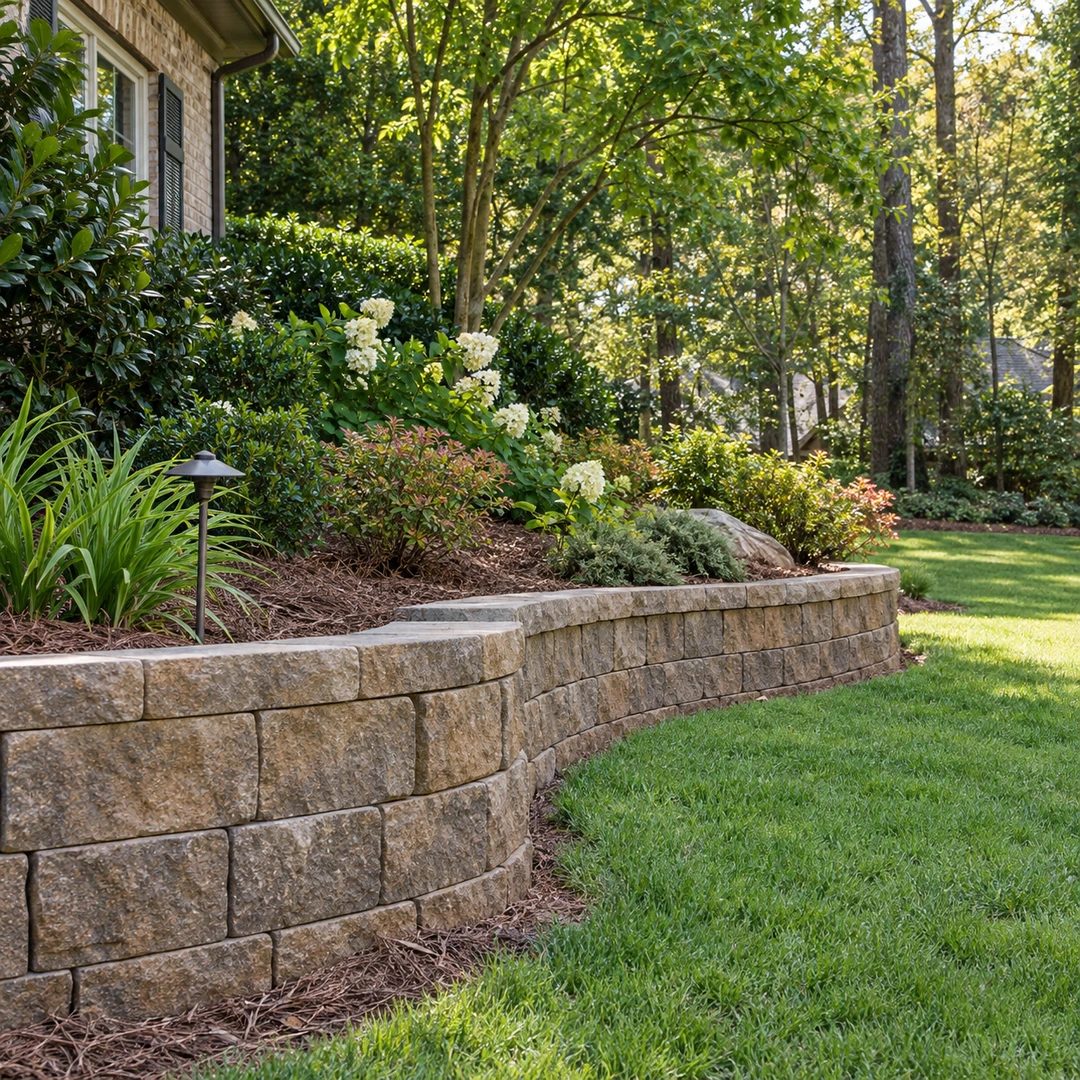 Low retaining wall supporting a landscaped planting bed