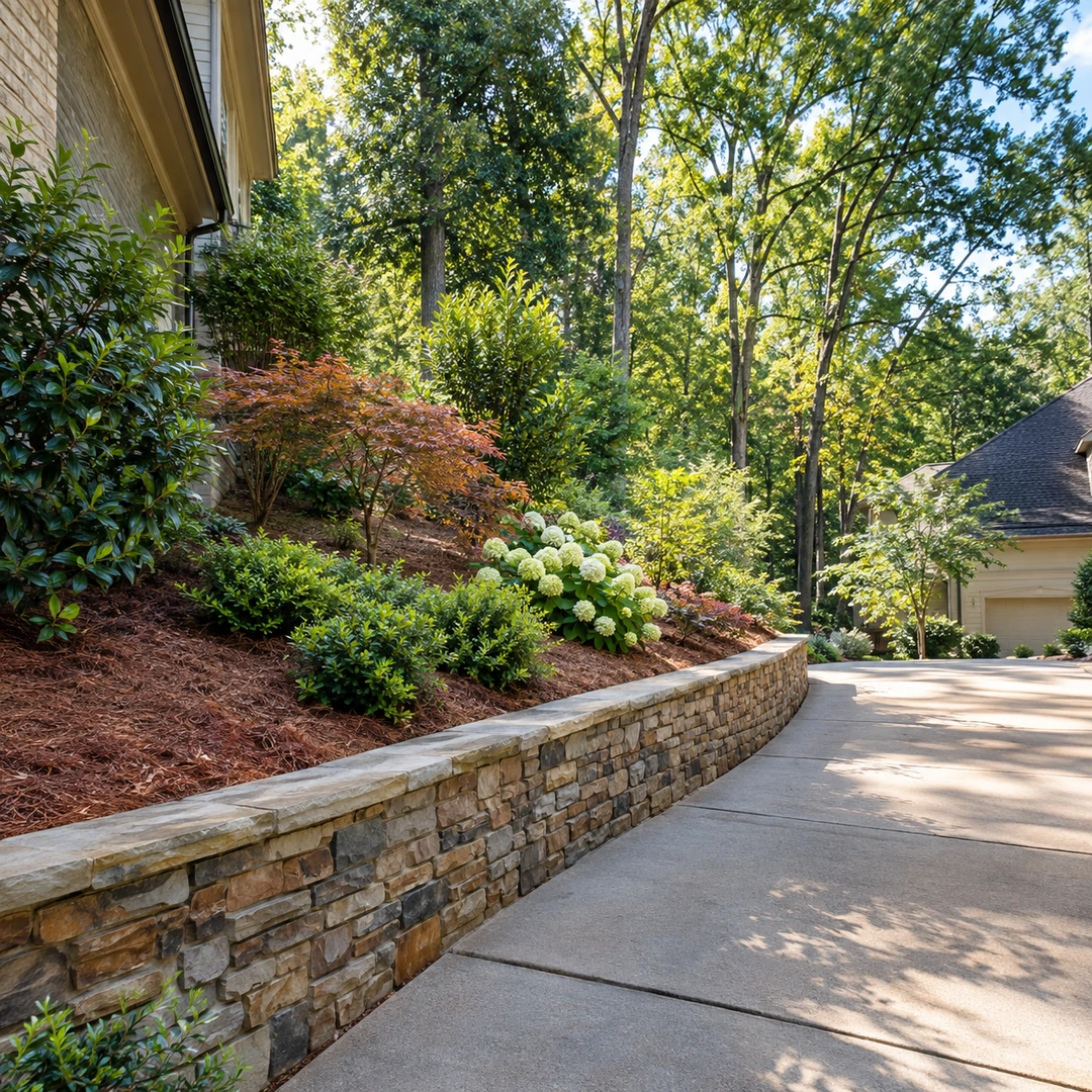 Landscape retaining wall beside a sloping driveway