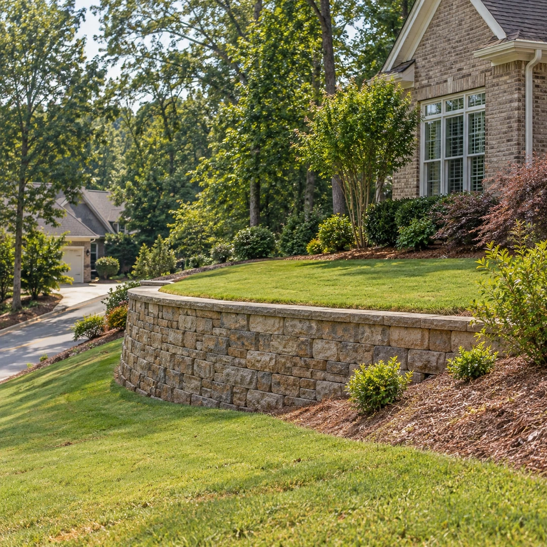 Retaining wall supporting a raised lawn beside a house